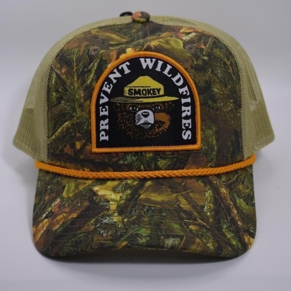 Smokey Bear Only You Can Prevent Wildfires Camo Rope Mesh Snapback Hat Cap NEW